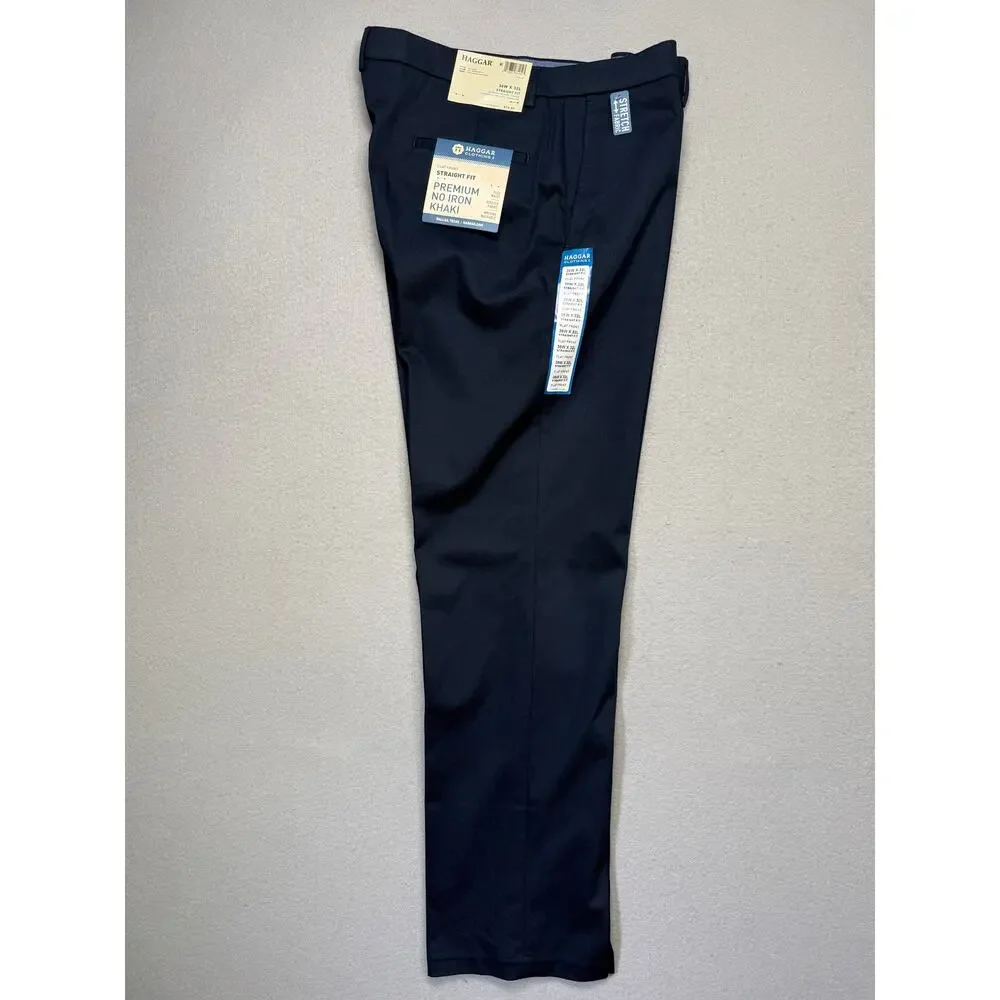 Haggar Men’s No Iron Straight-Fit Flat-Front Pants Dark Navy 36x32 $70
